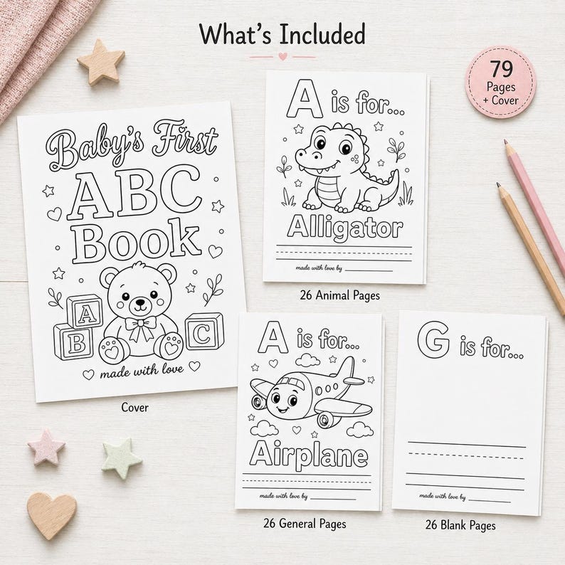 May include: A collection of children's coloring books, including a cover titled "Baby's First ABC Book" with a teddy bear illustration. Other books feature an alligator and airplane, with the text "A is for..." and "G is for...". Includes 79 pages plus the cover.