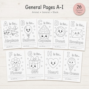 May include: A collection of nine black and white coloring pages, each featuring a different letter of the alphabet and a corresponding image, such as an airplane, balloon, and cupcake. The pages are labeled "General Pages A-I."