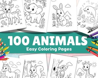 100 Animal Coloring Pages for Kids – Woodland, Jungle, Farm, Arctic, Sea (Digital Download)