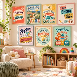 Pode incluir: Uma coleção de sete quadros decorativos com ilustrações coloridas e textos motivacionais como My ideas deserve to be HEARD, Curious minds find new PATHS, Everyone brings a bright IDEA, I can SHOW what I KNOW, Practice is a SUPERPOWER, I learned SOMETHING NEW today e Together we can FIGURE IT OUT.