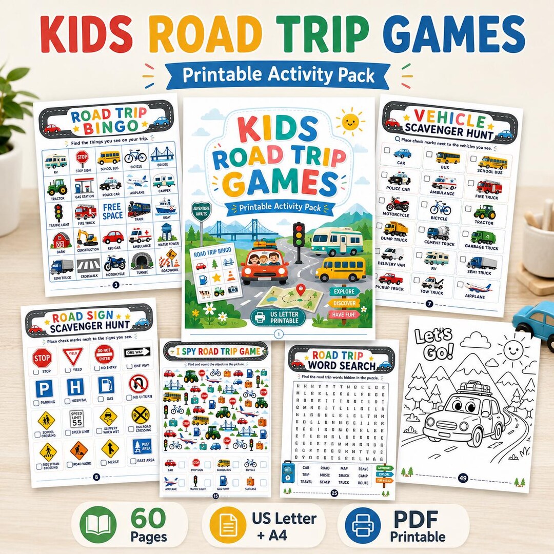 Kids Road Trip Games Printable Bundle, 60 Travel Activities for Kids ...