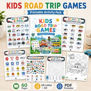 May include: A set of printable road trip games for children, featuring bingo, scavenger hunts, and word searches. The colourful activity pack includes illustrations of vehicles, road signs, and landscapes. The cover text reads "KIDS ROAD TRIP GAMES".