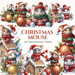 クリスマス マウス クリップアート - メモリーブック、ジャンク ジャーナル、スクラップブック用の高品質 PNG 08 点、商用利用のためのデジタル ダウンロード