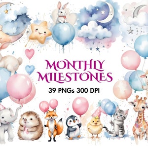 Clipart d'étape mensuelle de bébé, aquarelle de clipart d'étape, graphiques de jalon de bébé, animaux avec des ballons, cartes de bébé, clipart nouveau bébé