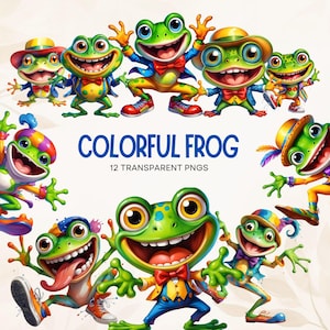 Imágenes prediseñadas de ranas coloridas / Diseños de ranas de dibujos animados vibrantes / 12 imprimibles de alta calidad para uso comercial y proyectos personales