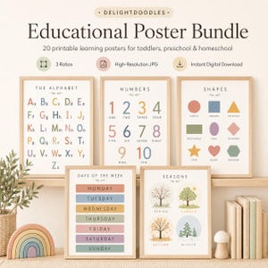 以下が含まれることがあります： The Alphabet、Numbers、Shapes、Days of the Week、Seasonsと題された5枚の学習用ポスターを含むデジタル教育ポスターセット。ポスターには、カラフルな文字、数字、幾何学模様、季節ごとの木のイラストが描かれています。