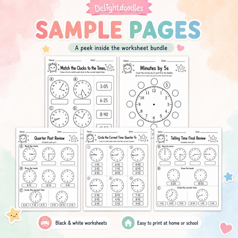 Telling Time Worksheets Bundle, Printable Clock Practice Pages (digital ...