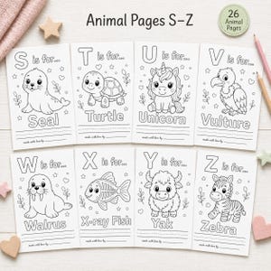 May include: A set of eight coloring pages featuring animals from S to Z, including a seal, turtle, unicorn, and zebra. The pages are black and white line drawings with the animal's name below. The text "Animal Pages S-Z" and "26 Animal Pages" are at the top.