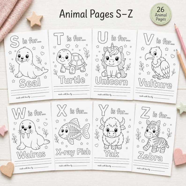 May include: A set of eight coloring pages featuring animals from S to Z, including a seal, turtle, unicorn, and zebra. The pages are black and white line drawings with the animal's name below. The text "Animal Pages S-Z" and "26 Animal Pages" are at the top.