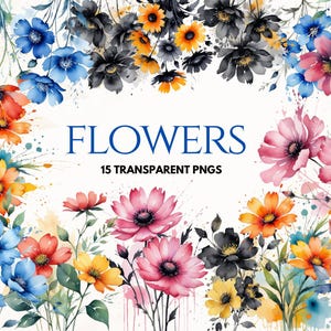 Impressão de flores, 15 clipart de flores variadas, clipart de aquarela para impressão, PNGs de alta qualidade, download digital, artesanato em papel, diários de lixo