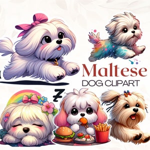 Maltais mignon, ensemble de cliparts autocollant lunatique maltais - mignon chien images PNG pour loisirs créatifs et planificateurs, téléchargement numérique, usage commercial
