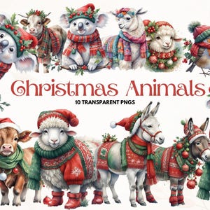 Christmas Animals  Clipart - 10 High Quality PNGs, Christmas Graphics,  Digital Planner,  Digital Paper Crafting, Apparel, Digital Download
