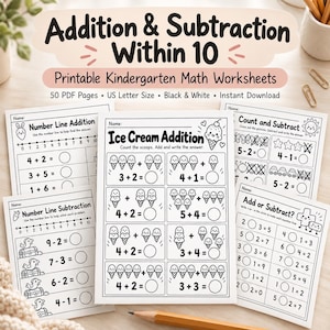 May include: A set of black and white printable kindergarten math worksheets featuring addition and subtraction problems within 10. The pages include exercises like Ice Cream Addition, Number Line Addition, Number Line Subtraction, Count and Subtract, and Add or Subtract, with various illustrations.