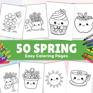 May include: A collection of 50 spring-themed coloring pages. The pages feature various black and white illustrations, including a smiling flower, watering can, cupcake, apple, mailbox, flower pot, sun, and teacup. The text "50 SPRING Easy Coloring Pages" is displayed.