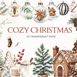 Cozy Christmas Clipart, Cute Christmas Bundle, Pine PNG, Ornaments Clipart,  Christmas Graphics, Christmas Wreath, Watercolor Christmas,