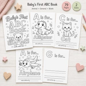 May include: A collection of white coloring books for babies, featuring the text "Baby's First ABC Book." Each page displays a letter of the alphabet with an accompanying illustration, such as an alligator, cat, and airplane. The books are decorated with stars and hearts.