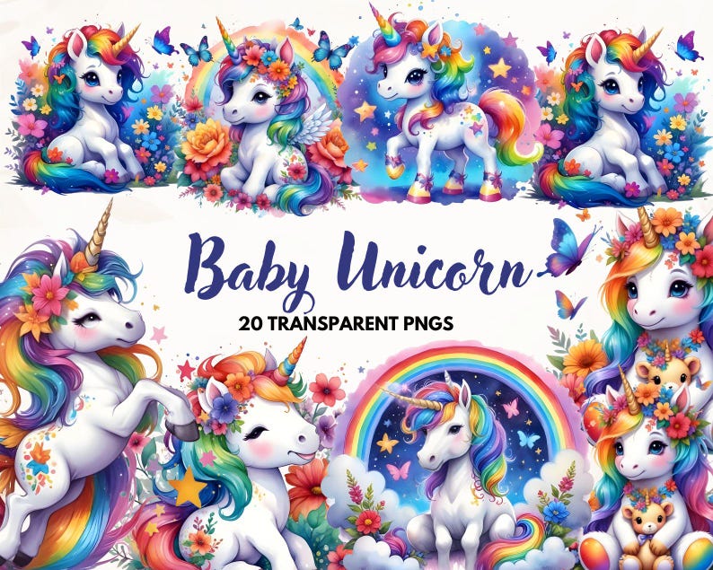 Watercolor Baby Unicorn Collection Clipart, 20 PNG Unicorn Clipart ...