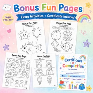 May include: A collection of children's activity pages and a certificate of completion. The pages include connect-the-dots, color-by-number, I Spy, and spot-the-difference activities. The certificate is for a Back to School Bundle for ages 3-4.
