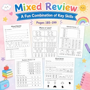 May include: A colorful educational workbook titled "Mixed Review" with pages 185-199. The workbook features various exercises, including tracing, counting, and matching activities. The cover has the text "Mixed Review" and "A Fun Combination of Key Skills".