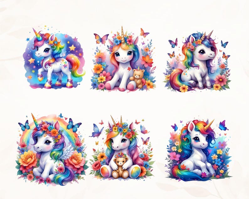 Watercolor Baby Unicorn Collection Clipart, 20 PNG Unicorn Clipart ...