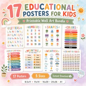Może przedstawiać: Zestaw 17 plakatów edukacyjnych dla dzieci, zawierających litery, liczby, kształty, kolory, dni tygodnia, miesiące roku, pogodę i liczenie do 100. Dostępne w 5 rozmiarach, w tym 21,6x28 cm i 28x35,5 cm.