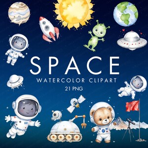 Space Watercolor Clipart | Cute Astronauts, Planets & Rockets PNG for Nursery Decor, Kids Room Art
