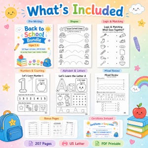 May include: A colorful educational bundle for ages 3-4, featuring pre-writing, shapes, logic, numbers, and alphabet activities. Includes a certificate of completion, with 207 pages, US Letter size, and PDF printable format. The image has a backpack and a stack of books.