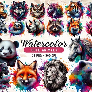 Colorful Animal Clipart Set, Watercolor Rainbow PNG Graphics for Commercial Use, Fun Sticker Design