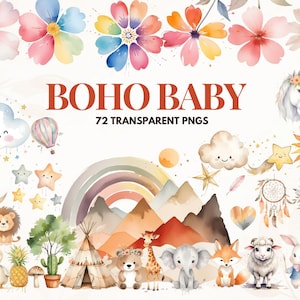 Kinderzimmer Tier Clip Art, Boho Baby Aquarell Clipart, Neugeborene Boho Kid Doodle, Babyparty PNG, Mondkind, süßes Tier, Sublimationsdesign