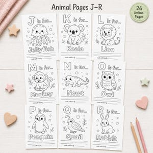 May include: A collection of nine black and white animal coloring pages, each featuring a different animal and the corresponding letter of the alphabet. The pages include a jellyfish, koala, lion, monkey, newt, owl, penguin, quail, and rabbit.