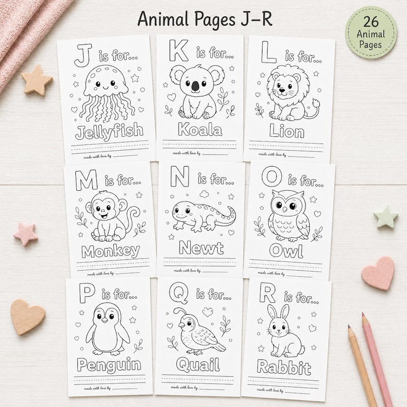 May include: A collection of nine black and white animal coloring pages, each featuring a different animal and the corresponding letter of the alphabet. The pages include a jellyfish, koala, lion, monkey, newt, owl, penguin, quail, and rabbit.