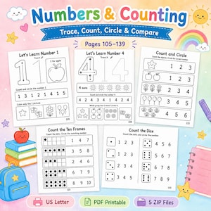 May include: Educational printable worksheets for learning numbers and counting. The pages include tracing numbers, counting objects, and circling the correct number. The worksheets are designed for early learners and include colorful illustrations.
