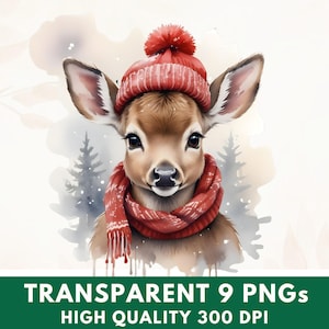 Watercolor Christmas Woodland Animals - Winter Clipart PNGs for Junk Journals, Instant Download & Commercial Use
