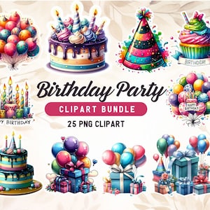Birthday Clipart Bundle - 25 Aquarell PNGs für Geburtstagskarten, Einladungen & Partydekorationen - Digitaler Download