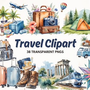 Clipart de viagens em aquarela - gráficos de férias de férias, avião, mala, ingresso, ilustrações de bagagem | Download instantâneo para uso comercial