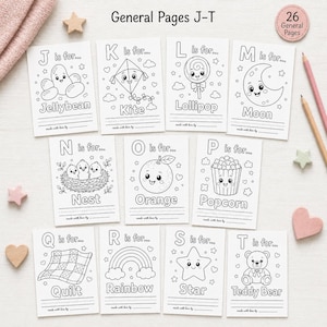 May include: A set of ten coloring pages featuring the alphabet letters J through T. Each page has a corresponding image and word, such as "J is for Jellybean" and "T is for Teddy Bear." The pages are black and white line drawings.