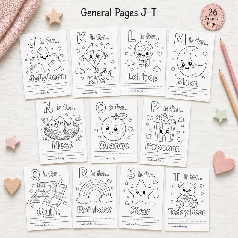 May include: A set of ten coloring pages featuring the alphabet letters J through T. Each page has a corresponding image and word, such as "J is for Jellybean" and "T is for Teddy Bear." The pages are black and white line drawings.
