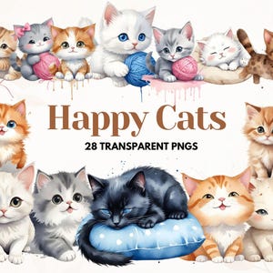 Happy Cats Clipart Bundle, Cute Cats PNG, Cartoon Cat Clipart for Cat Lovers, Funny Kitten, Instant Download, Commercial Use