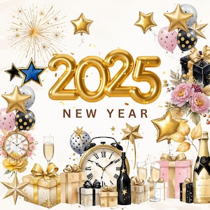 Clipart di Capodanno ad acquerello / Felice Anno Nuovo Boho Cozy Party PNG / Festività, Adesivi per pianificatore di Capodanno, Clipart 2025, 23 PNG