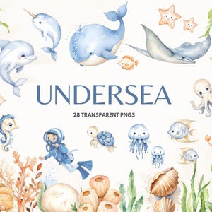 Conjunto de imágenes prediseñadas de acuarela submarina, adorables animales del océano, pulpos y medusas, diseños para decoración de guardería, regalo perfecto para baby shower