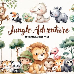 Niedliche Safari Tiere Clipart, Dschungelbuch Clipart, Baby Tier PNG, Nilpferd, Giraffe, Löwe, Elefant, Tiger, Babyparty Kinderzimmer Dekor