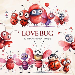 Pacchetto PNG di simpatici insetti innamorati / Carta digitale per San Valentino e festa della mamma / Clipart di coccinelle, sfondi trasparenti, uso commerciale