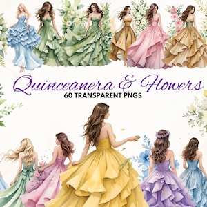 QUINCEANERA & FLOWERS - 60 watercolor clip arts Quince Años DIY Invitation Elements Quinceanera Celebration Ball Prom Princess dress