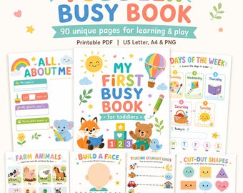 May include: A colorful toddler busy book with 90 unique pages for learning and play. The book includes pages for learning the days of the week, farm animals, tracing lines, and cutting out shapes. The cover features the text "My First Busy Book for Toddlers."