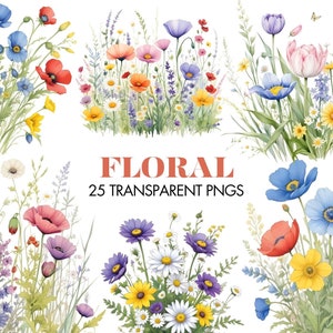 25 Prado de Flores Silvestres Clipart PNG | Imagens de natureza floral de verão | Flores silvestres, colagem, álbum de recortes, Junk Journal, | Uso comercial gratuito