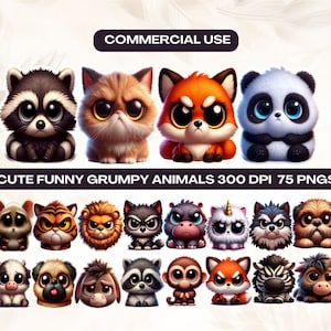 Cute Funny Grumpy Animals Clipart, Cartoon Pet Prints, Funny Animals, High Quality Transparent PNGs, Instant Download, Commercial Use