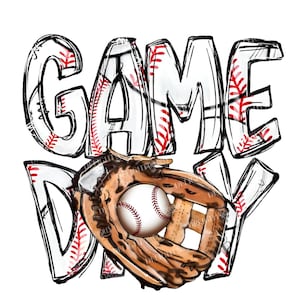 May include: A black and white illustration of the words "GAME DAY" with a baseball glove and ball in the center. The words are surrounded by red and white baseball stitching.