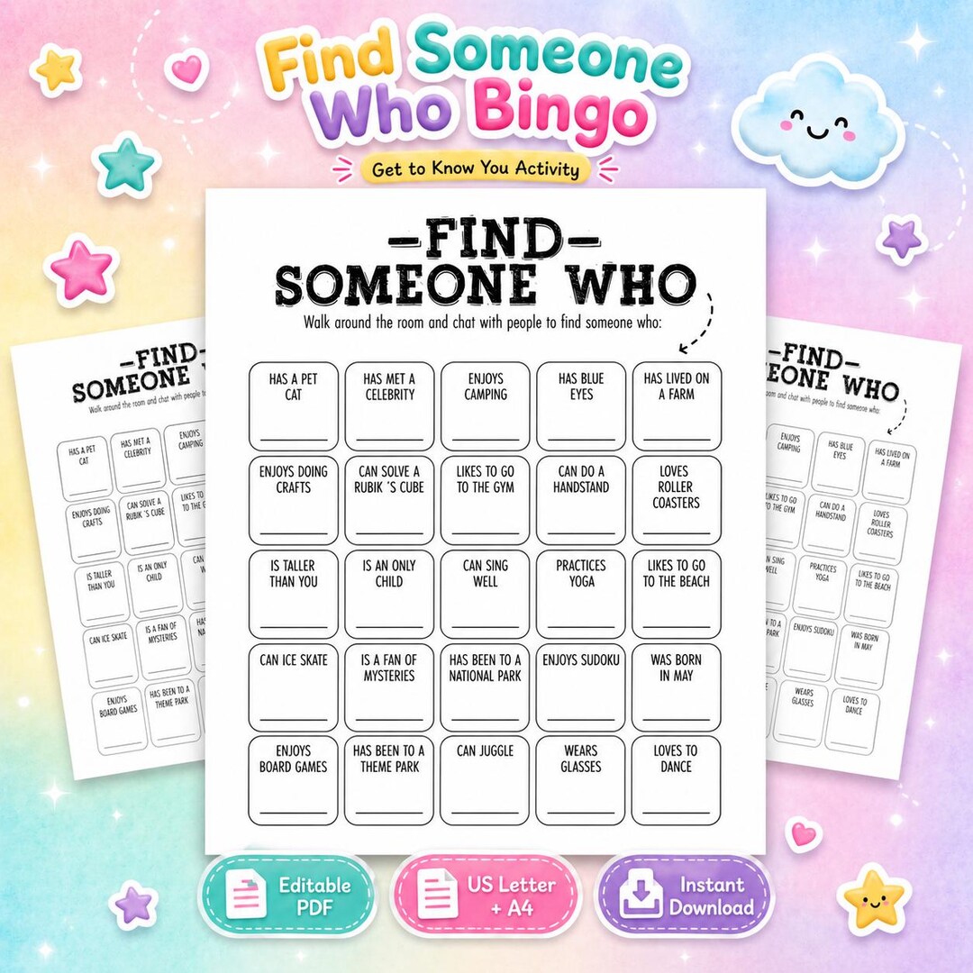 Printable Find Someone Who Bingo | Get to Know You Icebreaker Game | US ...