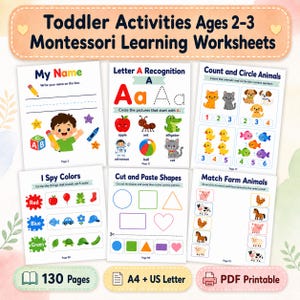 May include: A set of Montessori learning worksheets for toddlers aged 2-3, featuring activities for letter recognition, counting, shape matching, and colour identification. The cover displays the text "Toddler Activities Ages 2-3 Montessori Learning Worksheets".