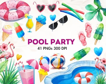 Summer Clipart - Watercolor Pool Party Clipart  -  Pool Clipart - Party Clipart - Beach Ball Clipart - Flip Flips - Instant Download